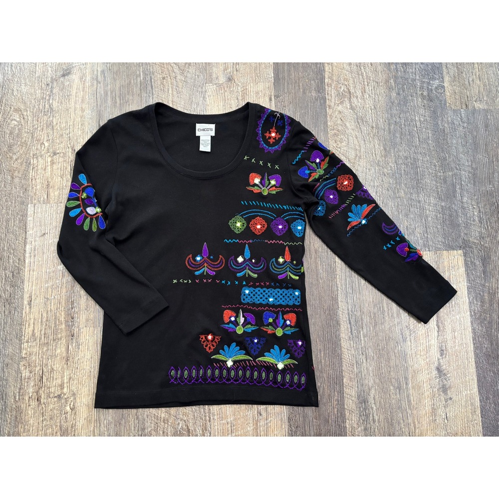 Chicos‎ Black Embroidered Mirror Embellished Top Long Sleeve Cotton Size 0 XS